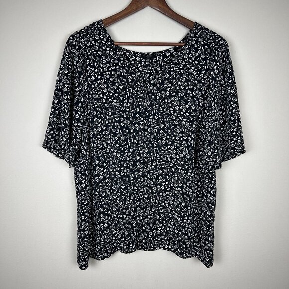 Talbots Blouse Top Womens 14W Black White Floral‎ Short Sleeve Button Up Sheer - Picture 1 of 10